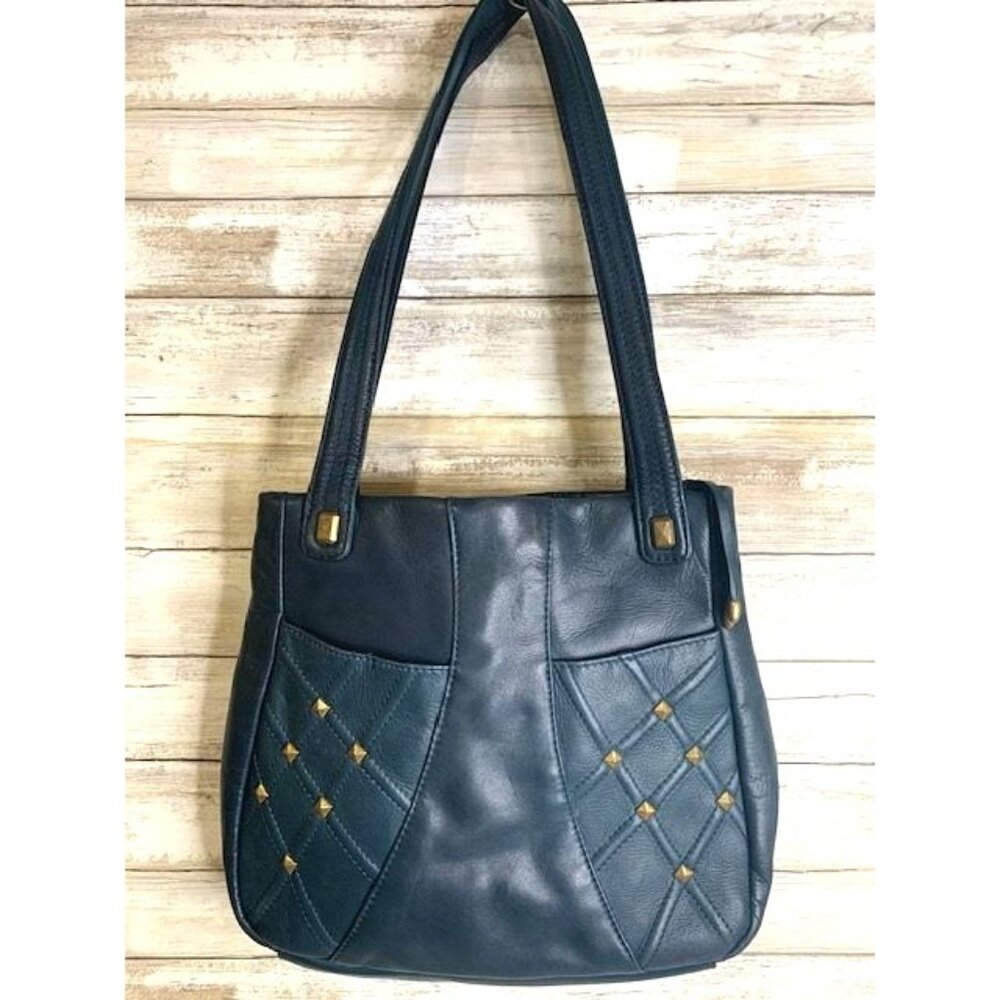 Stone Mountain‎ Dark Teal Leather Studded Shoulder & Zipper Closure